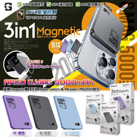 ARGO G.MAG F20 超薄 MAGSAFE 3合1 5000MAH POWER BANK 充電器