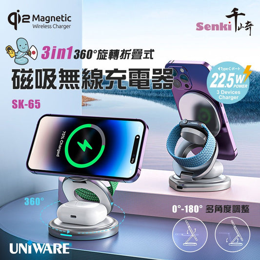 SENKI SK-65 qi2 3合1 360°旋轉折疊式磁吸無線充電器
