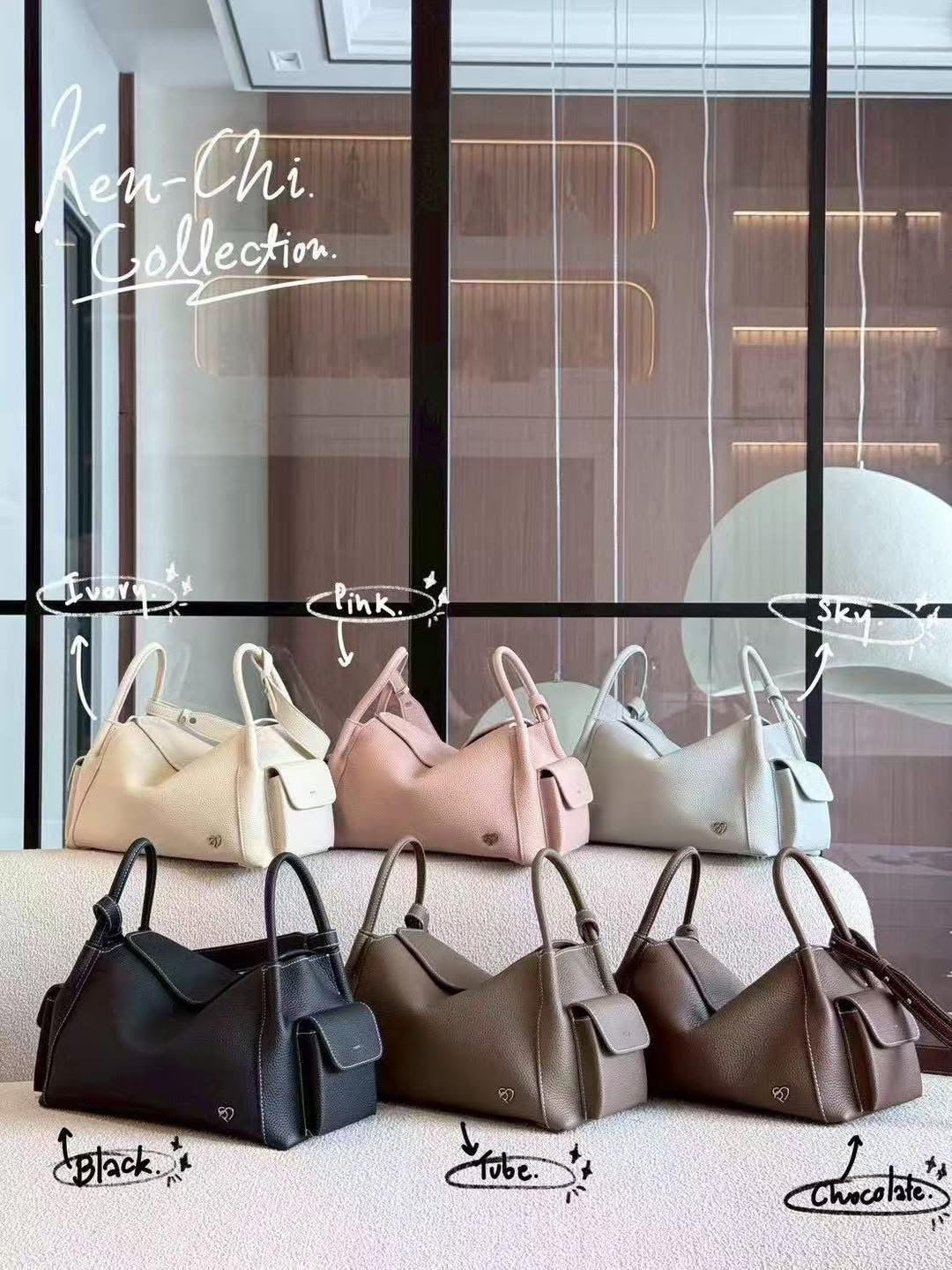 PONY TWENTY-EIGHT KEN-CHI Genuine Leather 真皮手袋 Ivory Pink Sky Black Tube Chocolate 六色
