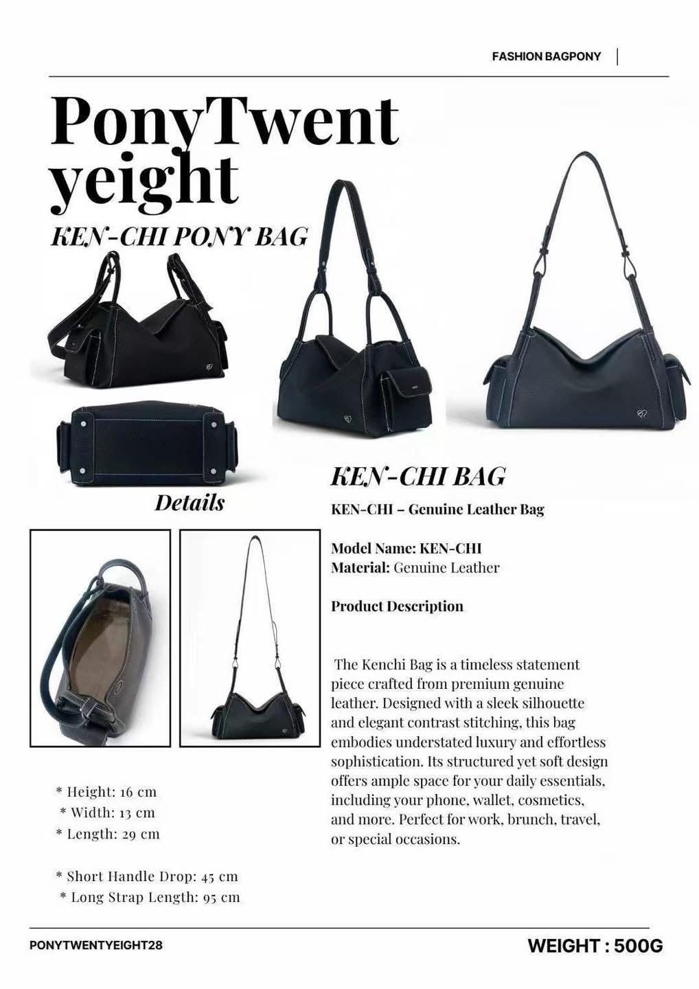 PONY TWENTY-EIGHT KEN-CHI Genuine Leather 真皮手袋 尺寸肩帶及細節